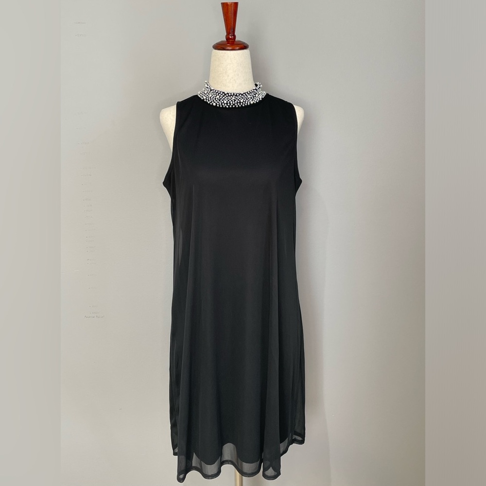 Nik and Nash Black Sleeveless Dress Beaded with Gems and Pearls Size M Sheer LBD